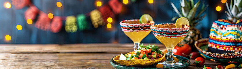 Festive Cinco de Mayo setup with colorful sombrero, drinks, and a bowl of fresh salsa on a wooden table, vibrant lights in the background