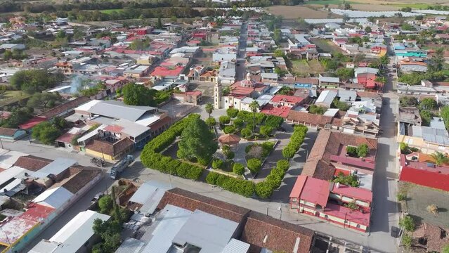 Aerial shot of the cityscape of the Municipality Gomez Farias ona sunny day in Michoacan, Mexico