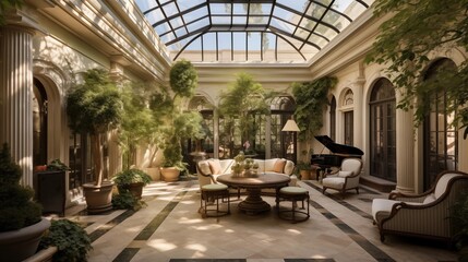 Light-filled Mediterranean estate solarium with curved glass ceiling stone floors antique fountain and lush citrus tree plantings. - obrazy, fototapety, plakaty