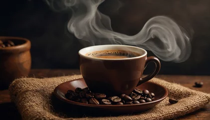 Poster Cup of hot coffee with smoke above cup and coffee beans on the table © Mystery