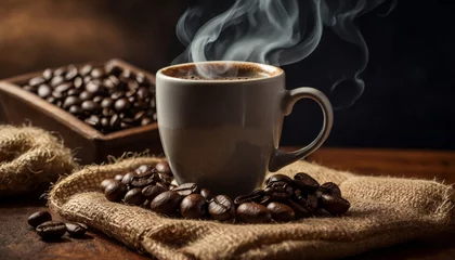 Tuinposter Cup of hot coffee with smoke above cup and coffee beans on the table © Mystery