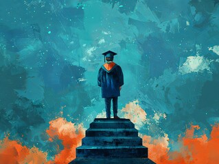 Hopeful young man, academic cap perched, stands on the brink of his college journey, eyes set on the future