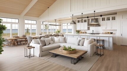 Light-filled modern farmhouse with open layout shiplap walls and chic barn door accents. - obrazy, fototapety, plakaty