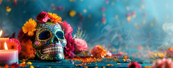 traditional Mexican celebration with symbolic decorations Banner promoting El Día de Muertos with ample copy space - obrazy, fototapety, plakaty