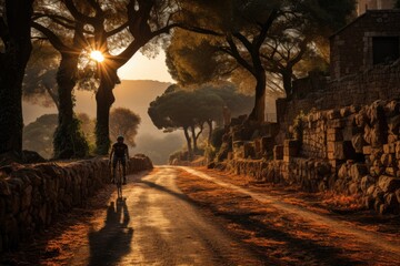 Cyclist on a picturesque road at sunset., generative IA - obrazy, fototapety, plakaty