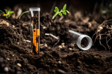 Microplastics in soil a test tube with soil sample - soil contaminated - obrazy, fototapety, plakaty