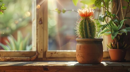 The cactus is in bloom. Ceramic pot. Wooden window and window sill. Close-up. Nature's masterpiece unfolds as the cactus blooms in its ceramic pot on the window sill.