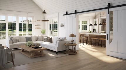 Light-filled modern farmhouse with open layout shiplap walls and chic barn door accents. - obrazy, fototapety, plakaty