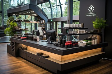 Modern and minimalist reception counter in gym., generative IA