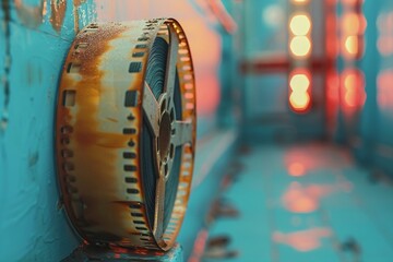 Embark on a journey through time as you observe a cinematic retro film roll up close, its pastel hues whispering tales of vintage glamour and timeless storytelling