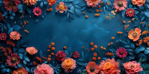 Obraz na płótnie Canvas Vibrant collection of flowers artistically arranged on a textured deep blue backdrop, evoking sense of natural beauty