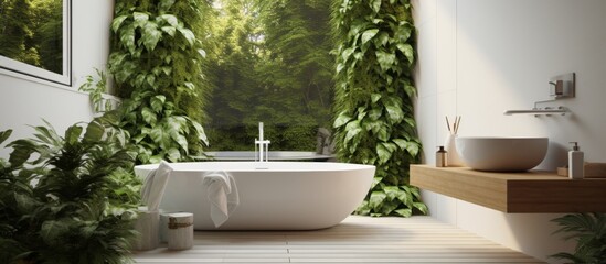 Fototapeta premium A bathroom with a bathtub, sink, mirror, and plants creating a peaceful and natural atmosphere. The wood flooring adds a touch of warmth to the space