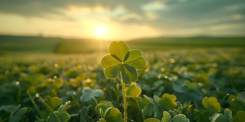 Celebrating St Patrick's Day with a Vibrant Four-Leaf Clover in a Field. Concept St Patrick's Day, Four-Leaf Clover, Vibrant Field, Celebratory Photoshoot - obrazy, fototapety, plakaty
