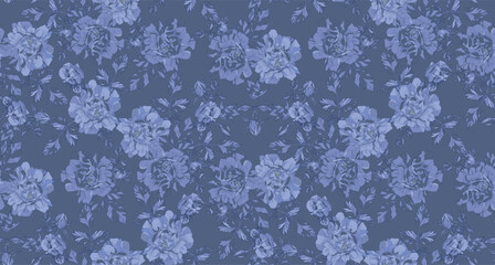 Pattern of flowers, buds and leaves of roses, blue on a light blue background in vintage style.	