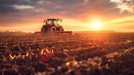 agricultural workers with tractors ploughing a field at sunset highlighting the countryside farming and harvest preparation