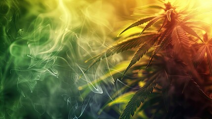 Background with marijuana leaves and smoke clouds in Rasta colors. Nature's palette: Rasta smoke...
