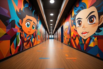 Children's corridor of the stadium with vibrant characters decoration., generative IA