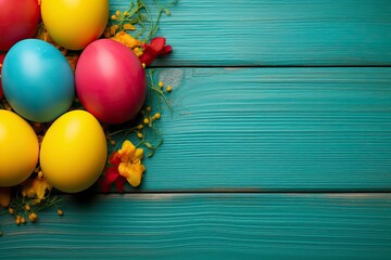 Colorful Easter egg double border against a yellow wood background - generative ai