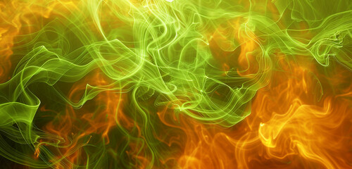 Luminous green tendrils weaving through layers of fiery orange smoke, painting an enchanting picture of contrast. Copy space on blank labels.
