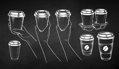 Vector chalk drawn sketchy illustrations set of takeaway coffee and hands holding disposable paper cups on chalkboard background