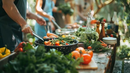 Group of People Standing Around Table Filled With Vegetables