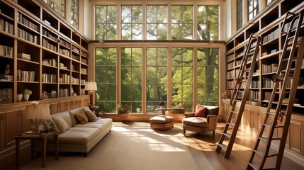 Light-filled two-story home library with wall of windows rolling ladder and warm wood built-ins.
