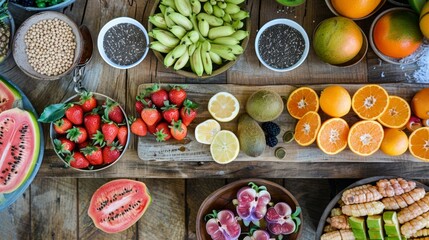 Abundant Fruits and Vegetables on Wooden Table