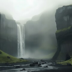 the waterfall above a mountainous region in iceland, in the style of misty gothic, forced perspective, light gray and green, canon sure shot af-7s, dry wit humor, thomas cole, depth of field --ar 128: - obrazy, fototapety, plakaty