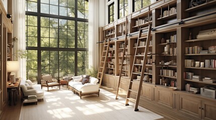 Light-filled two-story home library with wall of windows rolling ladder and warm wood built-ins.