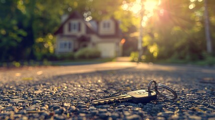 The keys to the house on an asphalt surface in front of which a beautiful two-story family home is blurred out - obrazy, fototapety, plakaty
