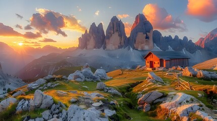 Mountains and beautiful sky with colorful clouds at sunset. Summer landscape with mountain peaks, stones, grass, trails, violet sky with pink clouds. High rocks. Tre Cime in Dolomites, Ai generated  - obrazy, fototapety, plakaty