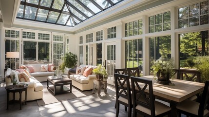 Obraz premium Light-filled two-story sunroom with fully retractable glass walls and open-air entertaining/dining space.