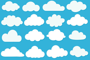 Cartoon cloud set. Clouds isolated on blue sky panorama vector collection. Cloudscape in blue sky. 
 Many white clouds for design - obrazy, fototapety, plakaty