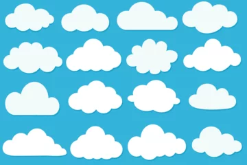 Foto op Plexiglas Cartoon cloud set. Clouds isolated on blue sky panorama vector collection. Cloudscape in blue sky.   Many white clouds for design © Oksana Kalashnykova