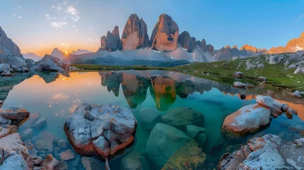 Papier Peint photo Lavable Gris Mountains and beautiful sky with colorful clouds at sunset. Summer landscape with mountain peaks, stones, grass, trails, violet sky with pink clouds. High rocks. Tre Cime in Dolomites, Ai generated 