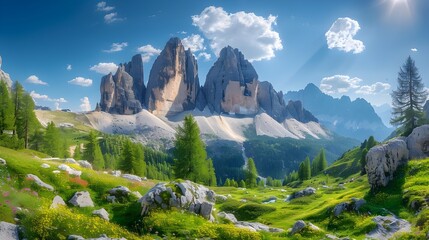 Mountains and beautiful sky with colorful clouds at sunset. Summer landscape with mountain peaks, stones, grass, trails, violet sky with pink clouds. High rocks. Tre Cime in Dolomites, Ai generated  - obrazy, fototapety, plakaty