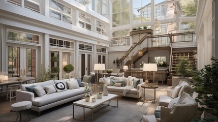 Light-filled two-story sunroom with glass atrium ceiling seamless patio transitions and lofted conservatory sitting areas above. - obrazy, fototapety, plakaty