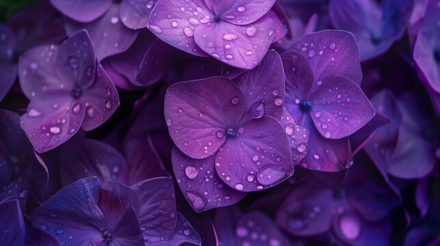 Close up of a purple hydrangea with raindrops, Deep dark ultra violet flowers with dewdrops, AI generated