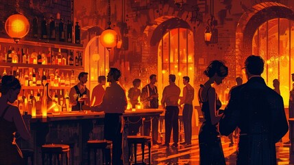 A vintage-style digital illustration of a 1920s speakeasy with patrons enjoying jazz music