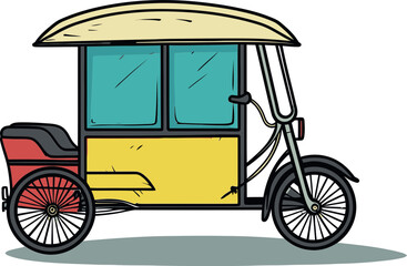 Vector Drawing of Rickshaw Passing Through Traditional Asian Town