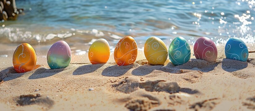 Colorful Easter eggs on the sandy shore by the sea