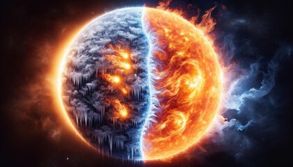 Fiery and icy contrast of a yin-yang planet - A visually captivating yin-yang design split they planet into fiery and freezing halves, symbolizing extreme opposites