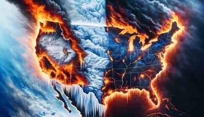 Abstract Fire and Ice US Map Creative Image - Artistic representation of the US map engulfed by dynamic fire and ice visuals, symbolizing conflict and unity