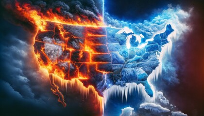 USA Map Blending Fire and Ice Elements - This artwork combines elements of fire and ice across a USA map, exploring the theme of environmental balance