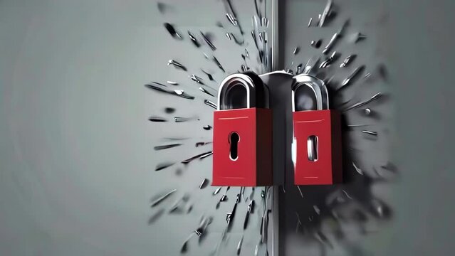 Metal particles hitting red padlock on gray background. Second, additional castle appears gradually. Cybersecurity and reliable protection against fraudulent hacker attacks.