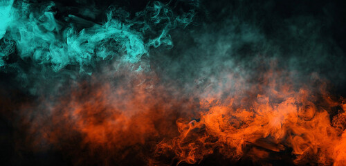 Radiant orange and teal mist creating a captivating contrast against a black canvas. Copy space on blank labels.