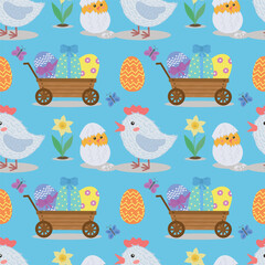 Seamless pattern with chicken, egg, flowers, egg cart, butterflies. Vector illustration for Easter.