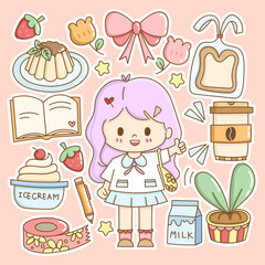 set of hand drawn girl with lifestyle, dessert, coffee and teenager charactor for digital sticker