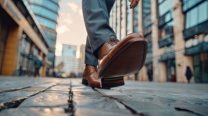 Close-up shot of a businessman's leather shoes as he confidently strides forward, symbolizing ambition and success.