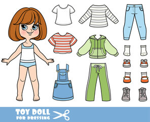 Cartoon brunette girl with short bob and clothes separately  -  long sleeve,striped T-shirt, tracksuit, denim sundress, jeans and boots